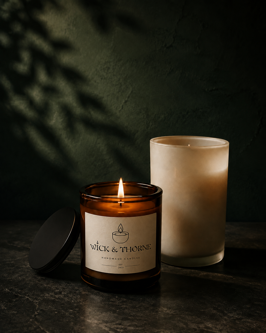 Branded Wick & Thorne candles glowing against a deep green backdrop